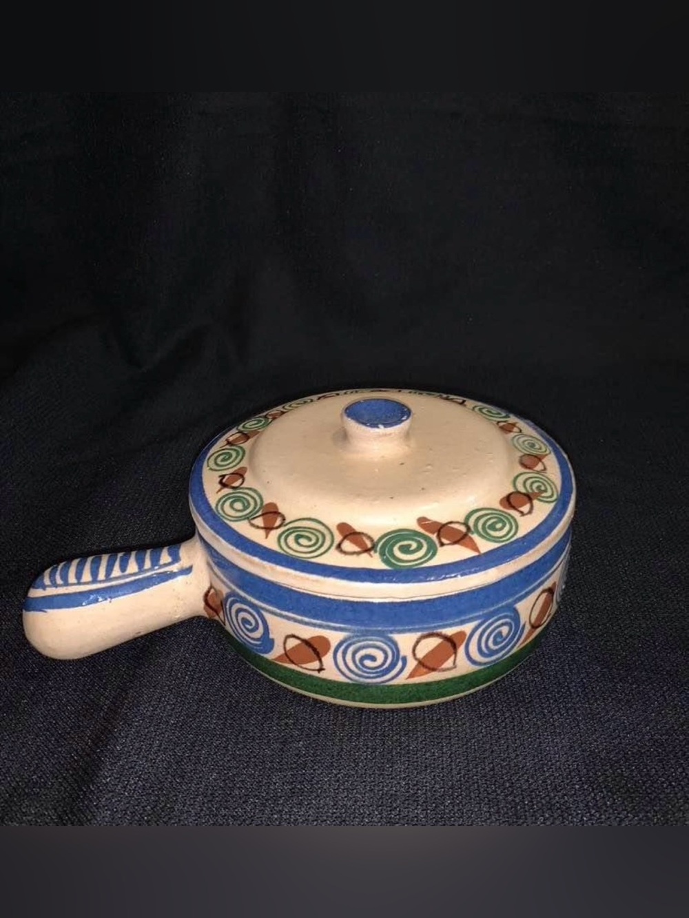 Hand-Painted Ceramic Butter Warmer with Blue, Green and Brown Accents